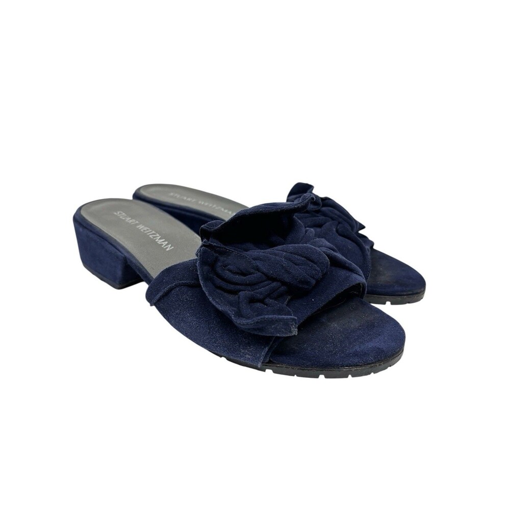 Stuart Weitzman Giftwrap Suede Bow Slides Block Heel Sandals Navy Blue Size 10